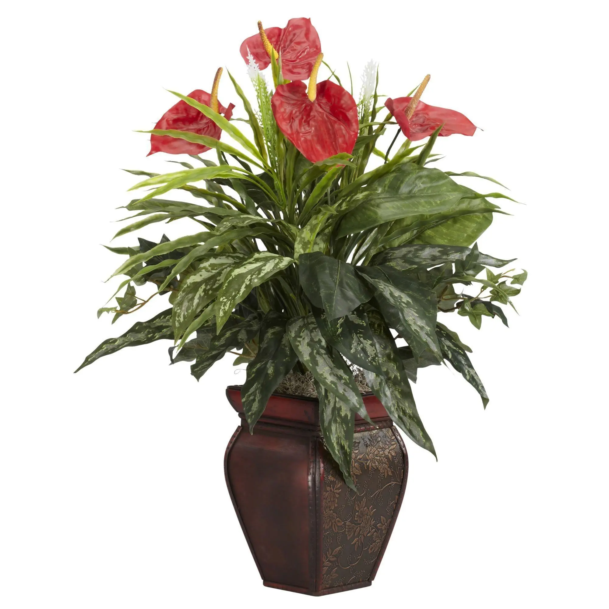 Elegant Mixed Greens & Anthurium Artificial Plant Set with Decorative Vase - Artificial Flower Decoration, Decorative Fake Greenery, Natural Look Floral Arrangement for Flower Lovers, Home Decor Centerpiece, Elegant Artificial Plants