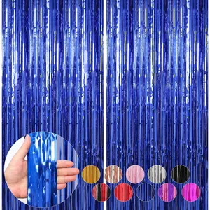 2 Pack 3.3 x 8.2 ft Blue Foil Fringe Curtains Streamers Blue Tinsel Fringe Backdrop for Birthday Party Photo Booth Party Decorations