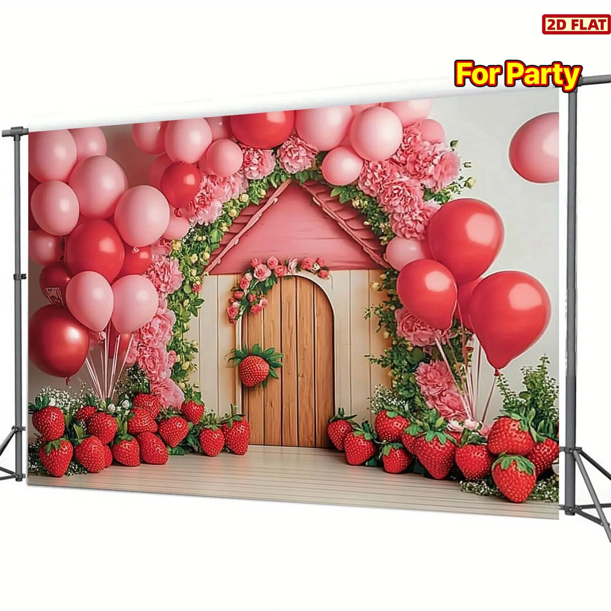 2D Flat Banner, 1pc pink & red balloon Party Backdrop, Wedding Arch Backdrop, Wedding Arched Backdrop, Party Decorations - 2d decor with strawberries, flowers & wooden house design for birthdays, weddings, Christmas & valentine's day, no electri