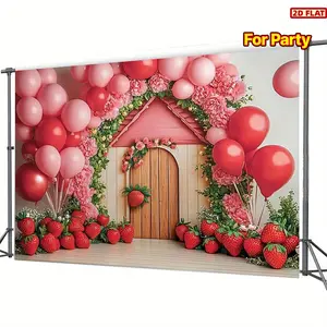 2D Flat Banner, 1pc pink & red balloon Party Backdrop, Wedding Arch Backdrop, Wedding Arched Backdrop, Party Decorations - 2d decor with strawberries, flowers & wooden house design for birthdays, weddings, Christmas & valentine's day, no electri