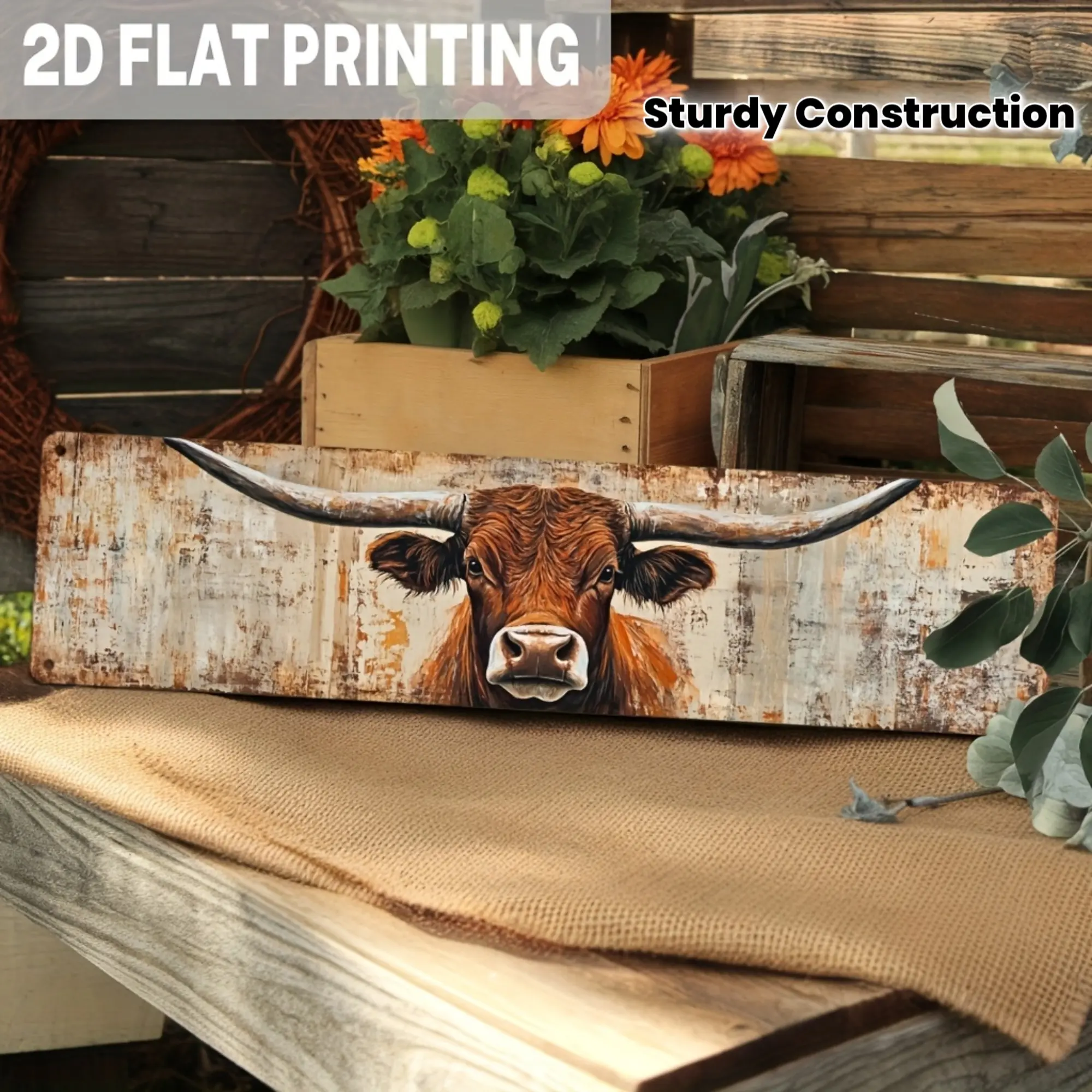 Retro Long-Horned Bull Aluminium Wall Decor Sign - 4x16 in Rectangular Metal Plaque, Durable Rustic Home Decor Products, Universal Animal Wall Art for Garage, Bedroom, Office