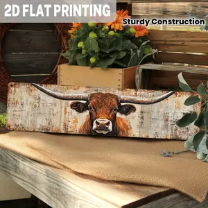 1pc 2D Flat Retro Long-Horned Bull Metal Wall Decor Sign - Durable Western Ranch Decoration, 4X16 Inches, Farmhouse Style Wall Art for Office And Home, Sturdy Construction in Country Style, Home Decorative Artwork