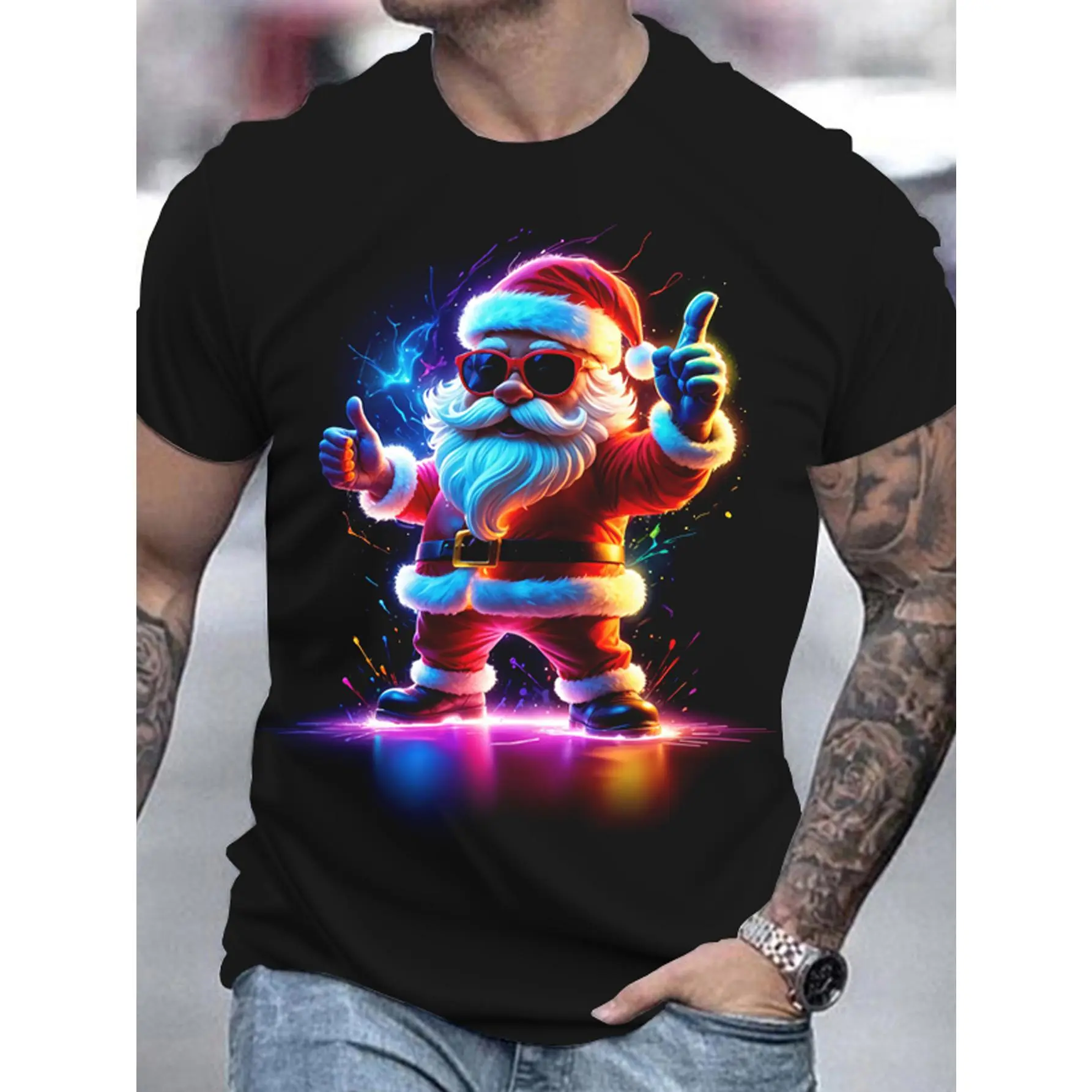 Men's Vibrant 3D Santa Claus Pattern T-Shirt – Cool Neon Design, Casual Crew Neck Short Sleeve T-Shirt, Suitable for Summer, Holiday Parties and Casual Wear, Breathable Polyester Fabric, Christmas Shirt