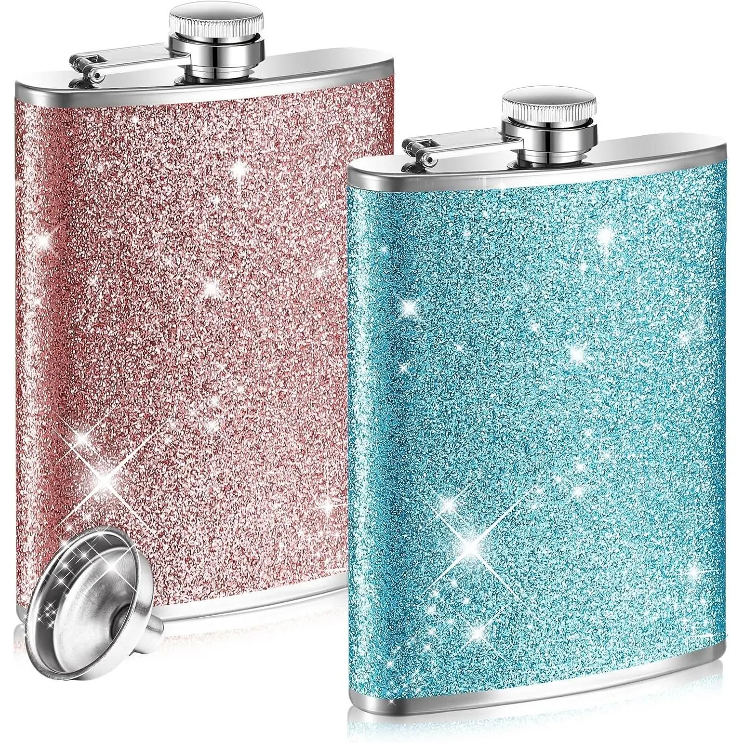 2 Pack 8 oz Glitter Bling Flask for Liquor - Cute Stainless Steel Flask with Funnel - Leakproof - Perfect for Women, Whiskey, Wine, or Alcohol Drink - Great for Christmas, Wedding Party