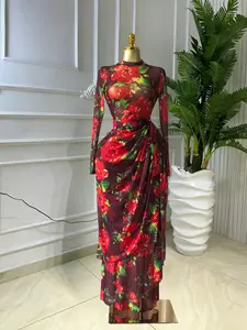 PULKRITU Elegant Women's Floral Print O-Neck Long Sleeve Ruched Bodycon Long Prom Dress, Evening Birthday Party Outfit  Club Sexy Dress, Casual Lady Skirt,Female Brunch Dresses,Graduation Dress