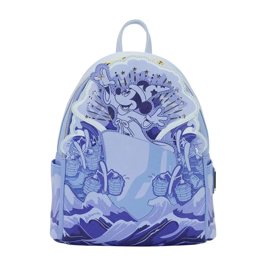 Loungefly Disney Fantasia Sorcerer Mickey Light-Up Minibackpack for Casual Wear - Shimmer Faux Leather, Gold Foil, Magic Brooms Graphic, Light-Up Star, Adjustable Shoulder Strap, Functional, 9in W x 10.5in H x 4.5in D, Collectible Carry Bag