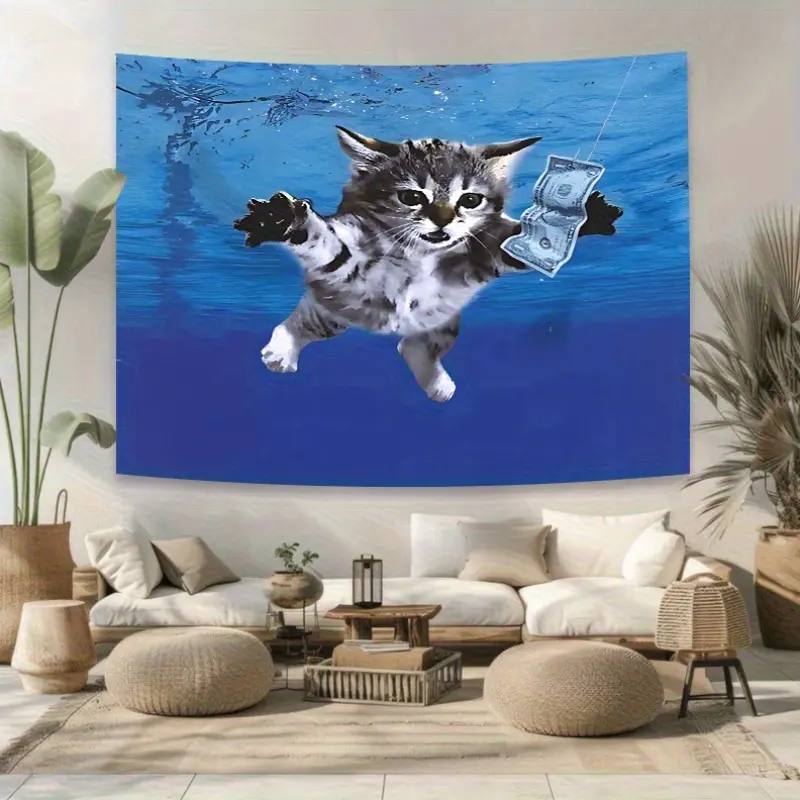 Velvet Large Underwater Cats Meme Tapestry - Whimsical Money Chase Home Decor Supplies, Decorations Supplies Wall Hanging for Bedroom, Dorm, Valentine's Gift for BF