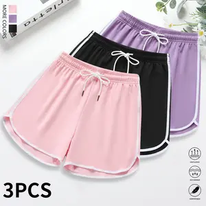 Pack of 3 women’s casual athletic shorts—home wear shorts, solid color, drawstring elastic waistband; suitable for casual outfits, outdoor sports, and yoga; women’s shorts, summer clothing.