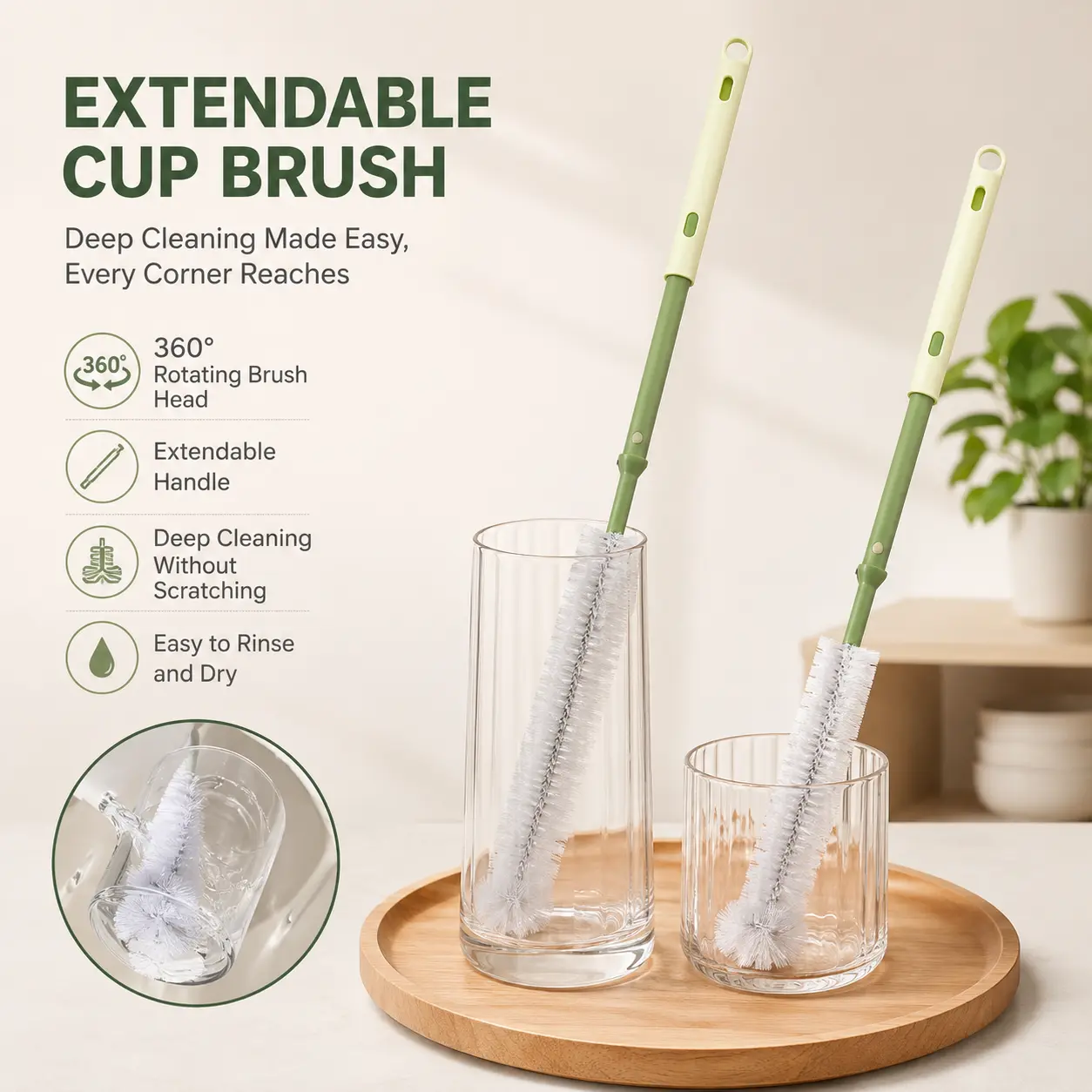 1-Count Extendable Bottle Cleaning Brush with Flexible Bristles and 360° Head for Cleaning Cups, Blender Jugs, Glass Containers