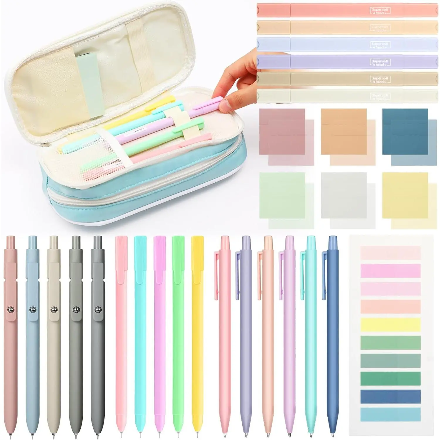 30 count Aesthetic School Supplies with Pencil Case 6 Mechanical Pencil 5 Ballpoint Pen 5 Quick Dry Pen 6 Pastel Highlighter Transparent Sticky Index Tab for Student Stationary Essentials(Blue)