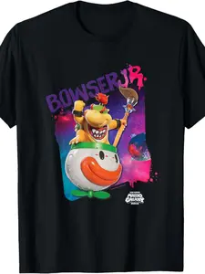 Super Mario Bowser Jr. Print Short Sleeve Loose Round Neck T-Shirt, Cartoon Fun Streetwear Style, Cool Bowser Jr. Spaceship Design, Mario Fan Daily Wear