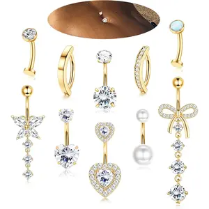 CASSIECA 10-Piece Body Jewelry Set, 14G Surgical Steel Belly Button Rings for Women with Dangle CZ Heart Opal Geometric Clicker Floating Navel Piercings