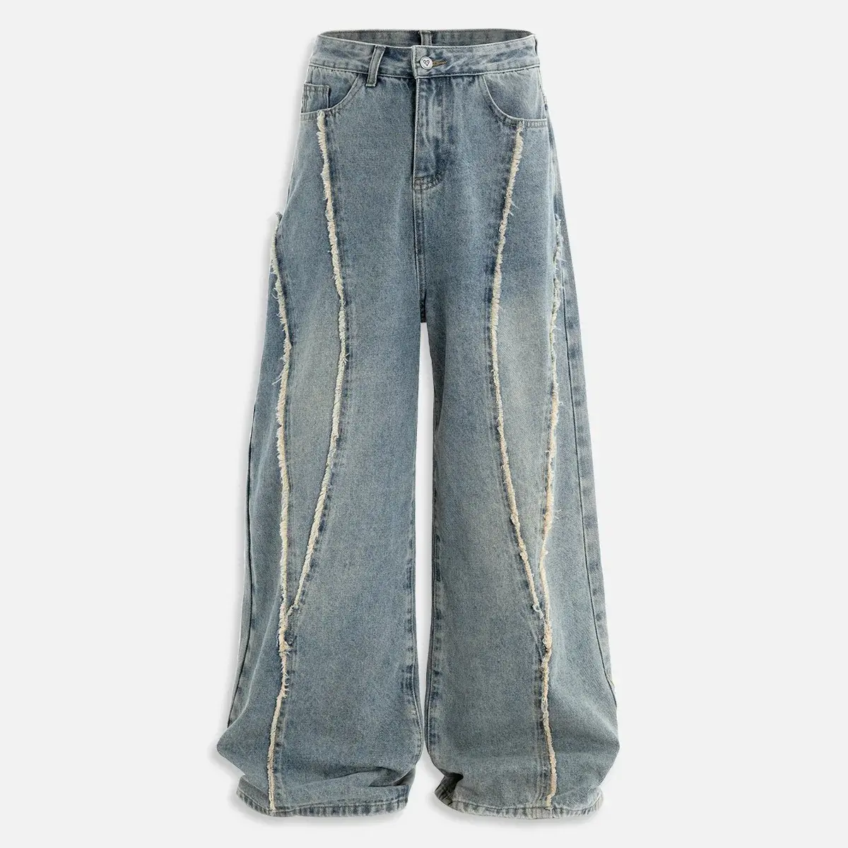 Aelfric Eden Mens Jeans Fringe Patchwork Loose Fit Jean Pants Casual Unisex Wide Leg Y2k Vintage Denim Pant Streetwear