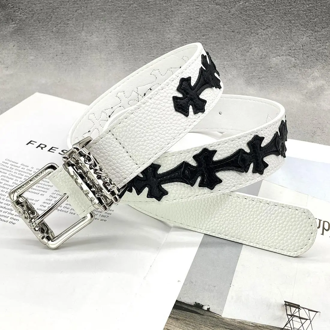 Vintage White Cross Stud Belt – Adjustable PU Leather Waist Belt with Antique Silver Buckle | Unisex Y2K Punk Streetwear Jeans Belt