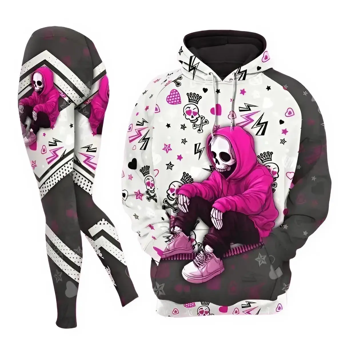 Women’s Pink Skeleton Hoodie and Leggings Set – Gothic Halloween Graphic Tracksuit, Spooky Casual Loungewear Outfit for Fall Season