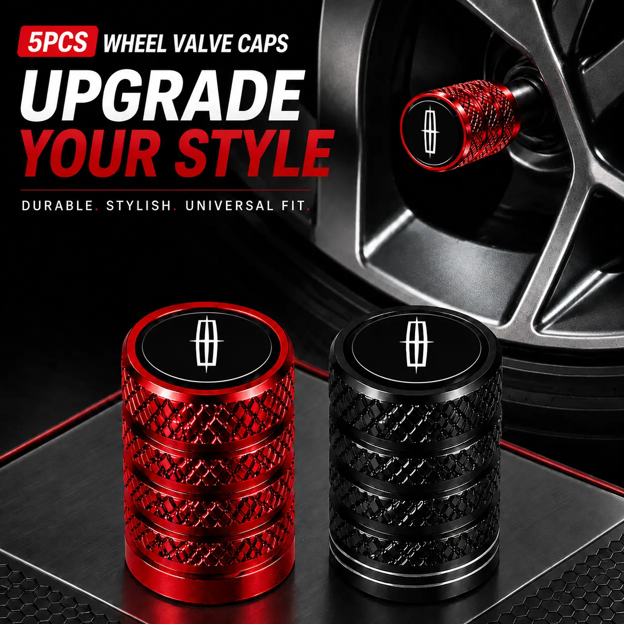 5Pcs Aluminum Alloy Tire Valve Stem Caps for Lincoln Navigator Aviator Nautilus Corsair MKZ MKC MKT Continental Town Car, Leakproof Rubber Seal Wheel Air Valve Covers, Anti-Rust American Luxury Car Tire Valve Protector