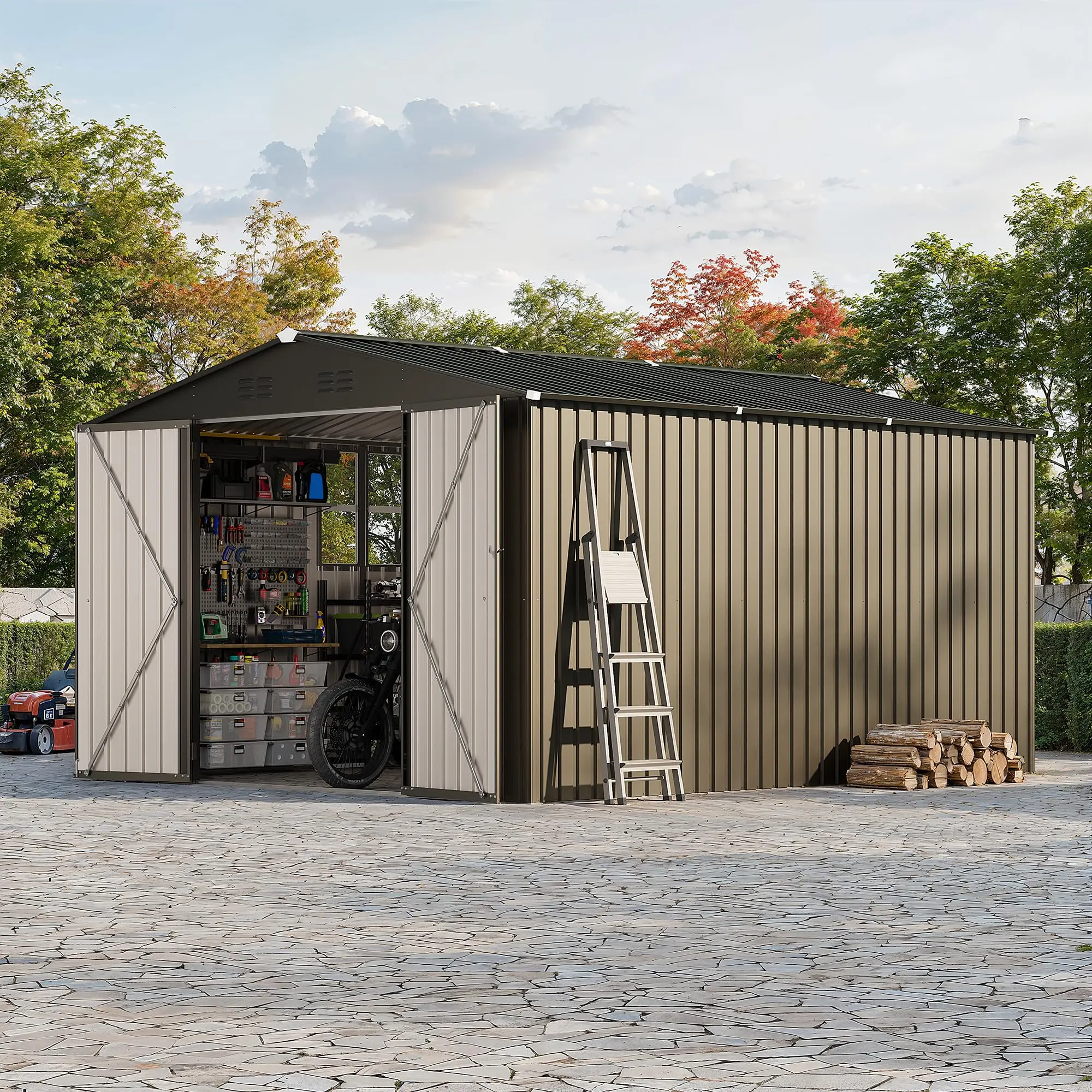 10 x 12 FT Metal Storage Shed for Outdoor with Floor Frame&Clear Window,Steel Yard Shed with Design of Lockable Doors, Utility and Tool Storage for Garden, Backyard, Patio, Outside, Brown