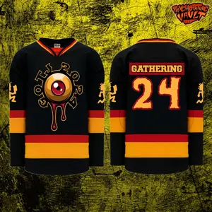 Black Gathering Eyeball Red/Gold Trim Hockey Jersey, All Over Print Hockey Shirt for Men and Women, Gift for ICP Juggalo Fan .