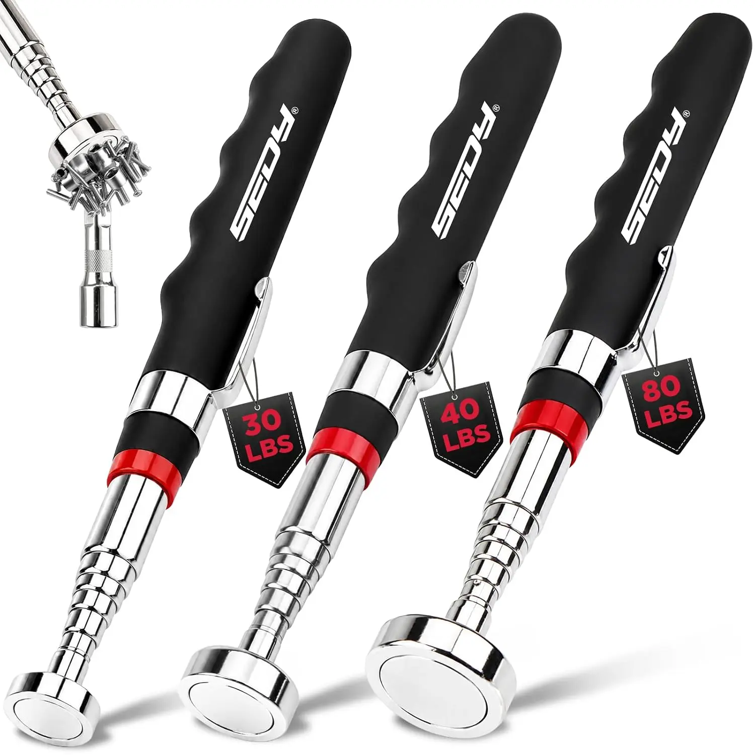 3-Pack Telescoping Magnetic Pickup Tool, 30lb 40lb 80lb Pull Force, 30-Inch Extendable Magnetic Grabber Stick with Non-Slip Handle for Automotive Repair, Garage, Retrieving Screws, Nuts, Bolts, Nails