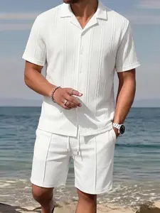 Men’s casual two-piece set featuring a textured camp-collar shirt and drawstring-waist shorts—perfect for beach vacations and summer outings.