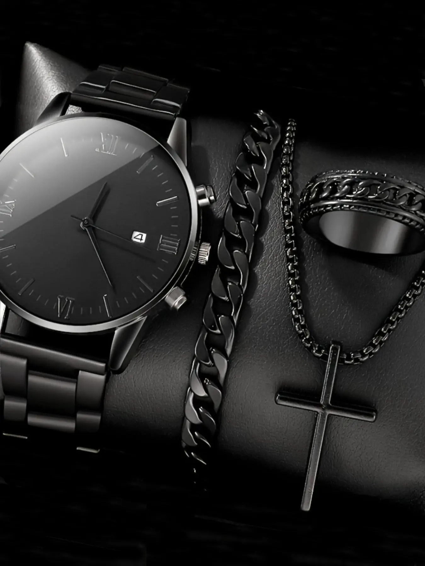 A set of stylish men's accessories including a steel strap Casual Quartz Analog Dial wristwatch, calendar, ring, cross necklace, and bracelet for casual and business occasions. Business Fashion Watches