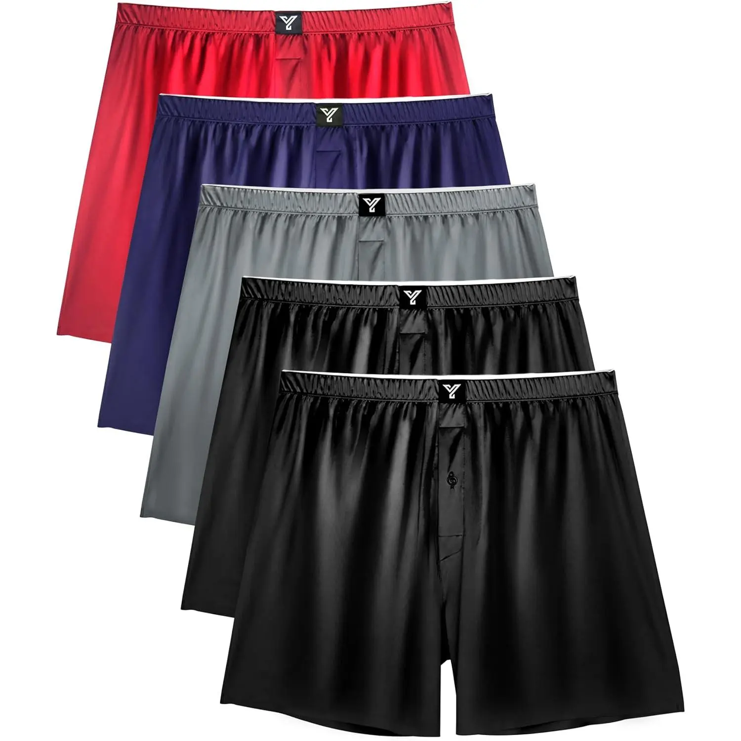YESWEL Men's Satin Boxers 5-Pack - Classic Menswear Underwear with Silky Smooth Fabric, Button Fly, Breathable Loose Fit for Sleep, Briefs, Casual