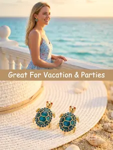 Blue Turtle Stud Earrings, Alloy Material, 16k Gold Plated, Casual Style, Summer Beach Essential Jewelry for Women，drip oil ear clip, Unique Design Earrings
