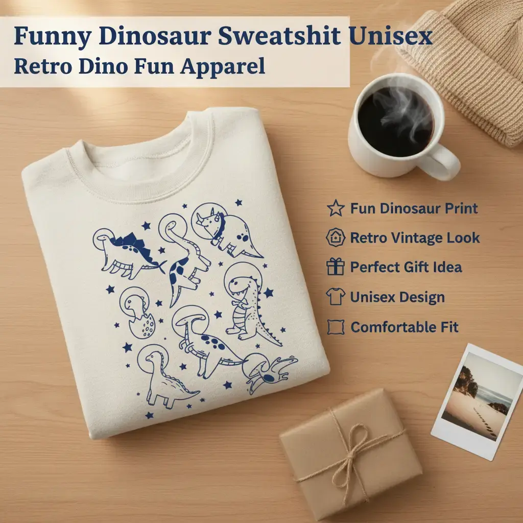 Women's Dino in Space Hoodie - Retro Vintage Graphic Cotton-Polyester Top, Unisex Funny Gift for Menswear Enthusiasts