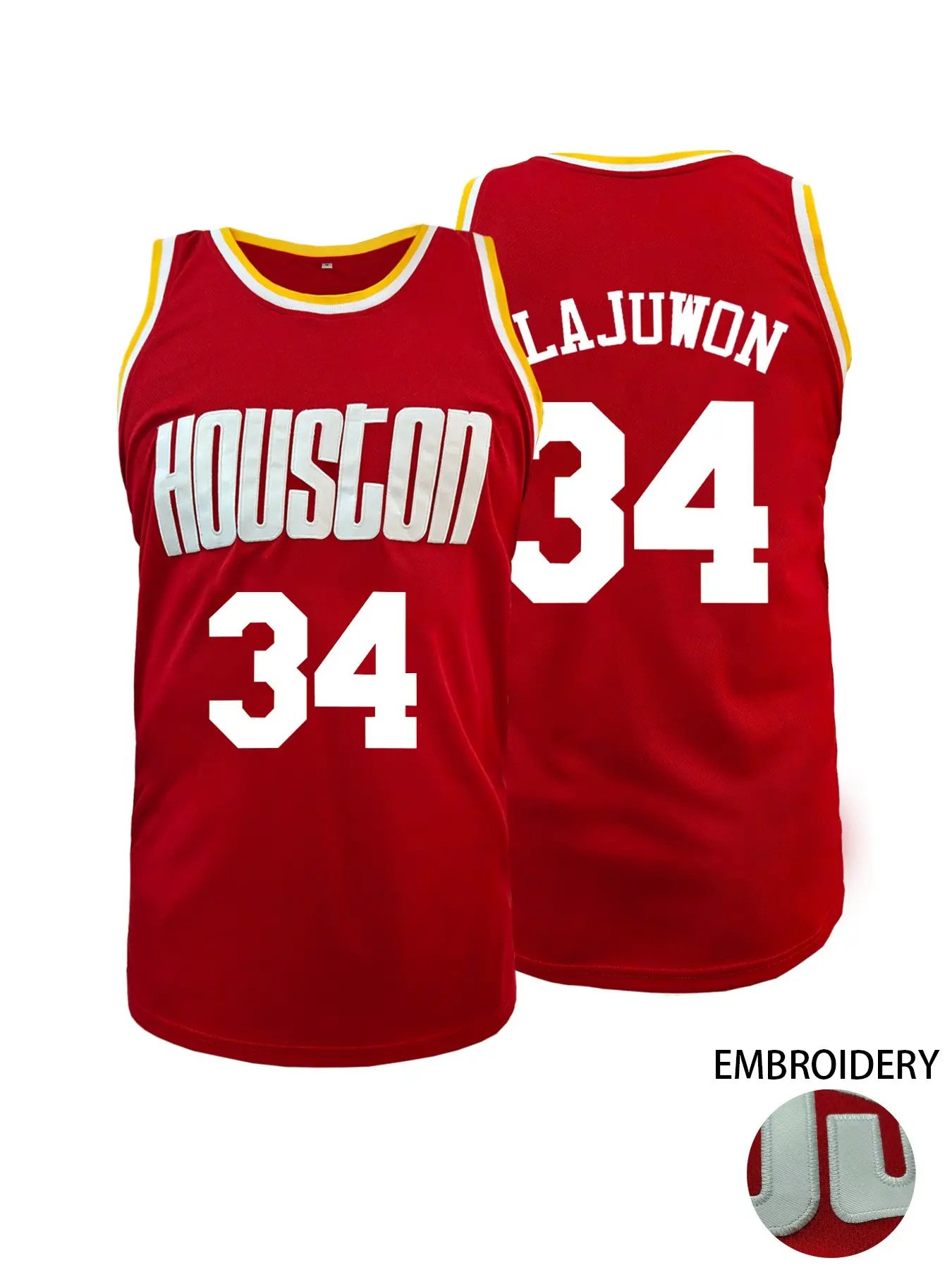 Men Women Houston 34 Embroidered Basketball Jersey, Red Yellow Mesh Sleeveless Breathable Stitched Sports Shirt, Vintage Casual Streetwear Athletic Uniform for Daily Wear Fans Gift