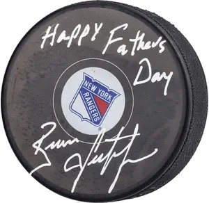 Brian Leetch New York Rangers Autographed Hockey Puck with "Happy Father's Day!" Inscription - NHL Auctions Exclusive - Fanatics Authentic Certified