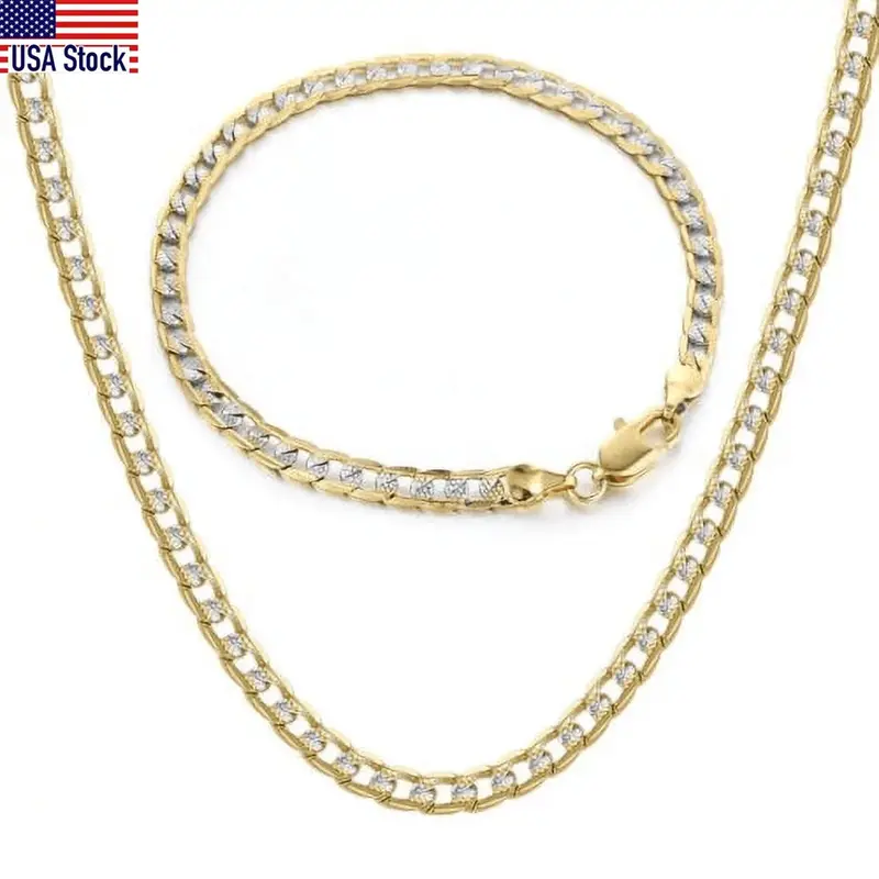 4mm Cuban Necklace Bracelet For Men Women Silver Yellow Gold Color Jewelry Set Flat Hammered Cuban Link Chain 8.5inch 20inch