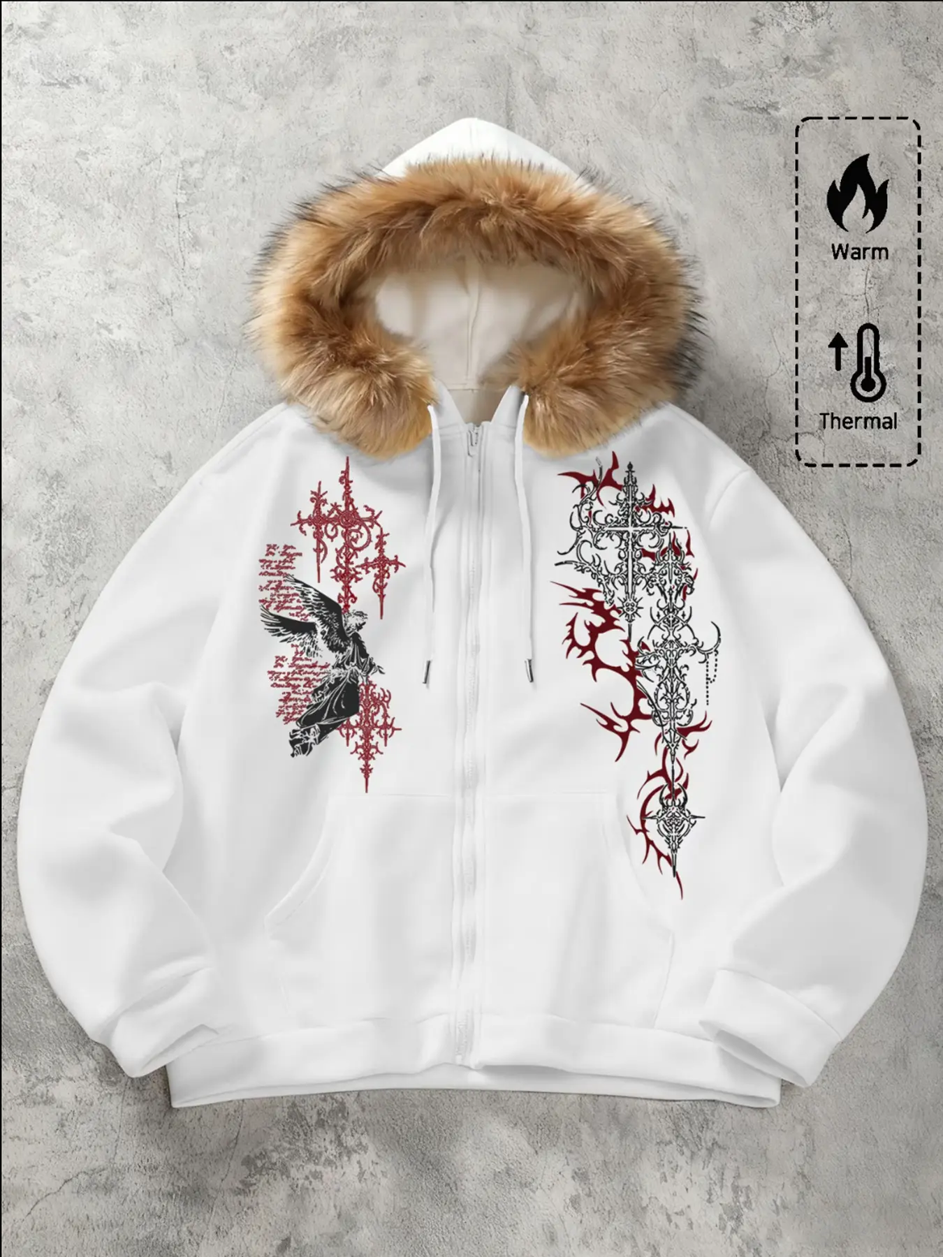 Men's Abstract Pattern Print Graphic Print Gothic Style Hoodie with Zipper Fur Collar, Fall & Winter Casual Fitted Long Sweatshirt, Street Style Jacket, Casual Hooded Sweatshirt