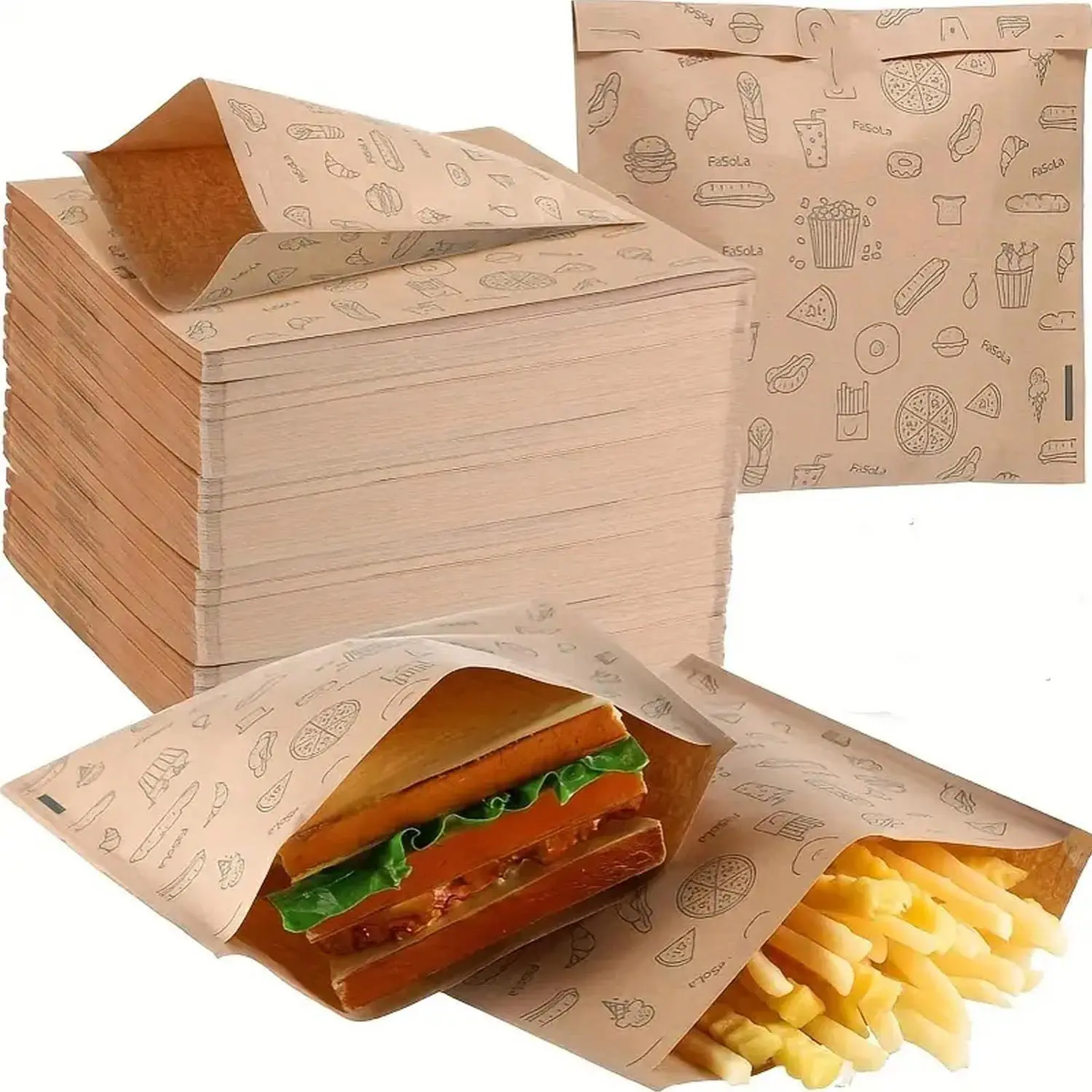 Oil Proof Printed Kraft Paper Bags, Disposable Barbecue Pancake Fries Food Takeaway Packaging, Eco-Friendly Pouches for Restaurants & Events, Food Safe, Functionality