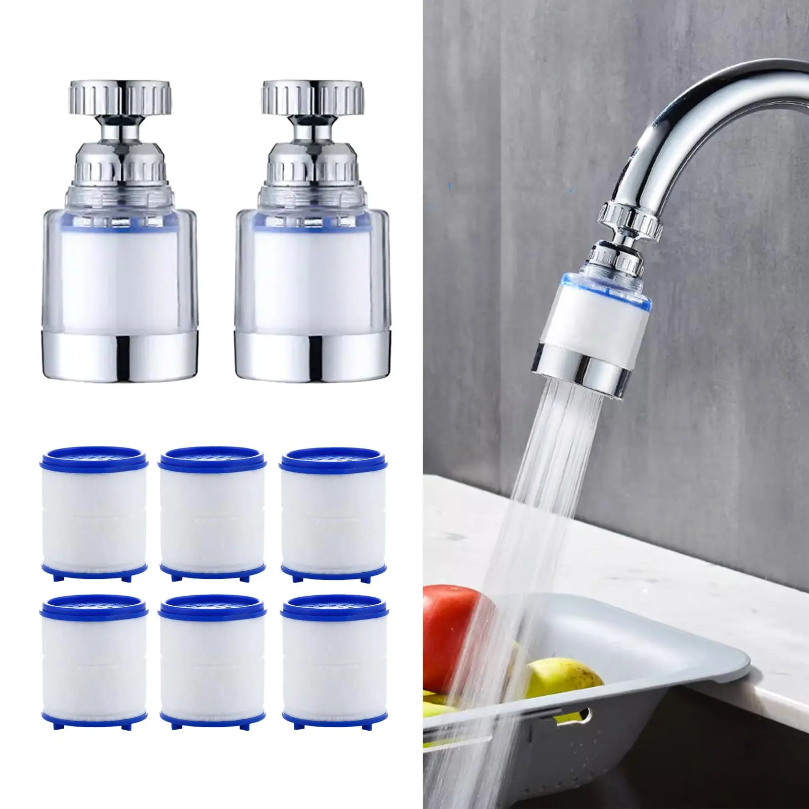 2-Pcs Sink Water Faucet Filter,360 Degree Rotating Faucet Filter Water Filter Purifier for Kitchen,Bathroom Sink,Removes Sediment and Large Impurities,with 6 Filter Cartridges