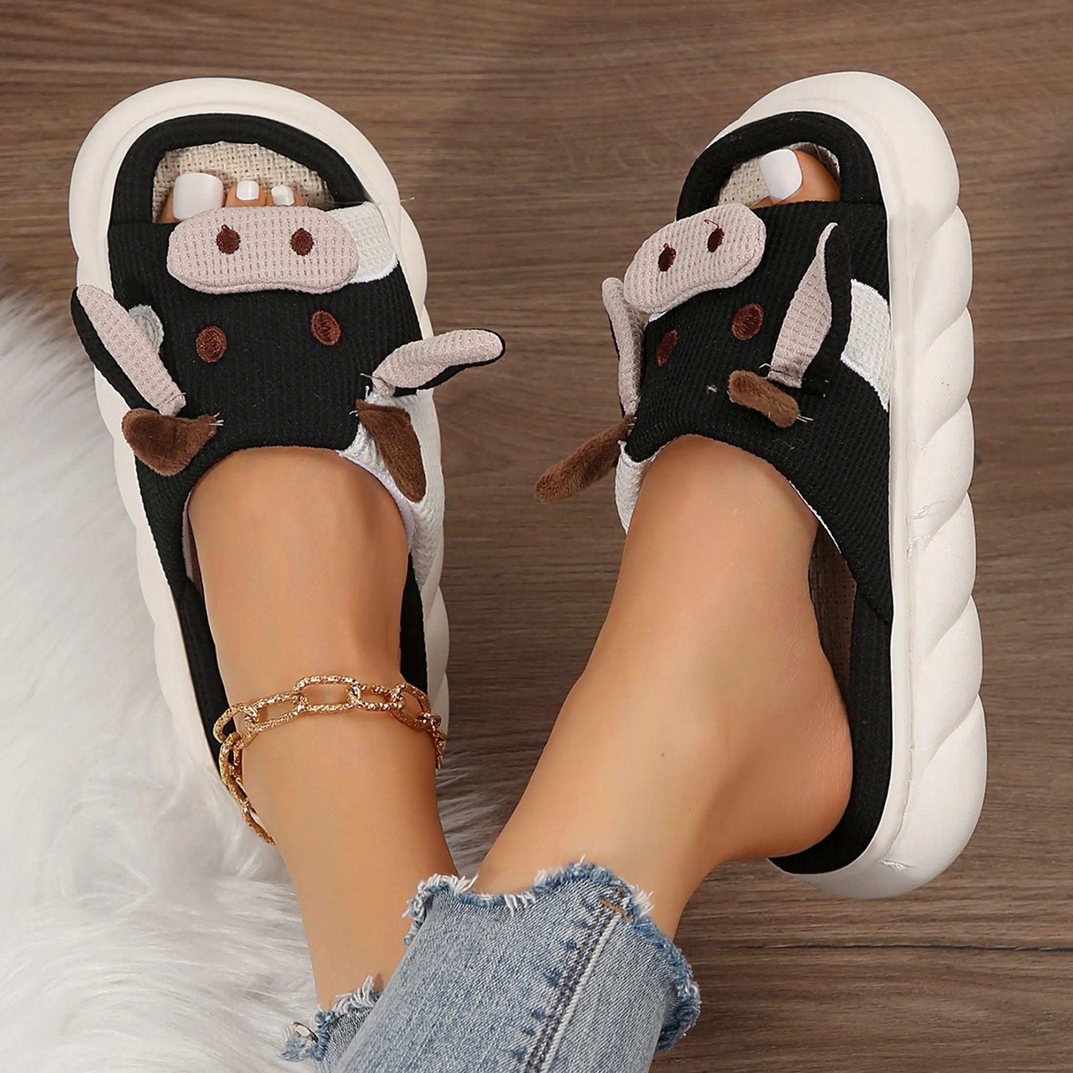 Cute Cow Slippers for Women Men Animal Cartoon House Slippers Soft Home Linen Slippers Shoes Indoor Outdoor