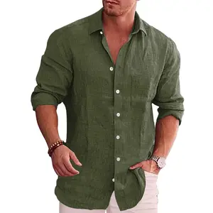 COOFANDY Men's Casual Button Down Shirt Long Sleeve Linen Chambray Shirt Green S