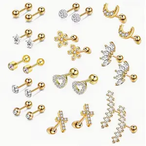 12 Pairs of Simple Anti-Allergic Earrings, Threaded Earrings, Surgical 316L Stainless Steel Perforated Stud Earrings Set, Suitable for Daily Wear