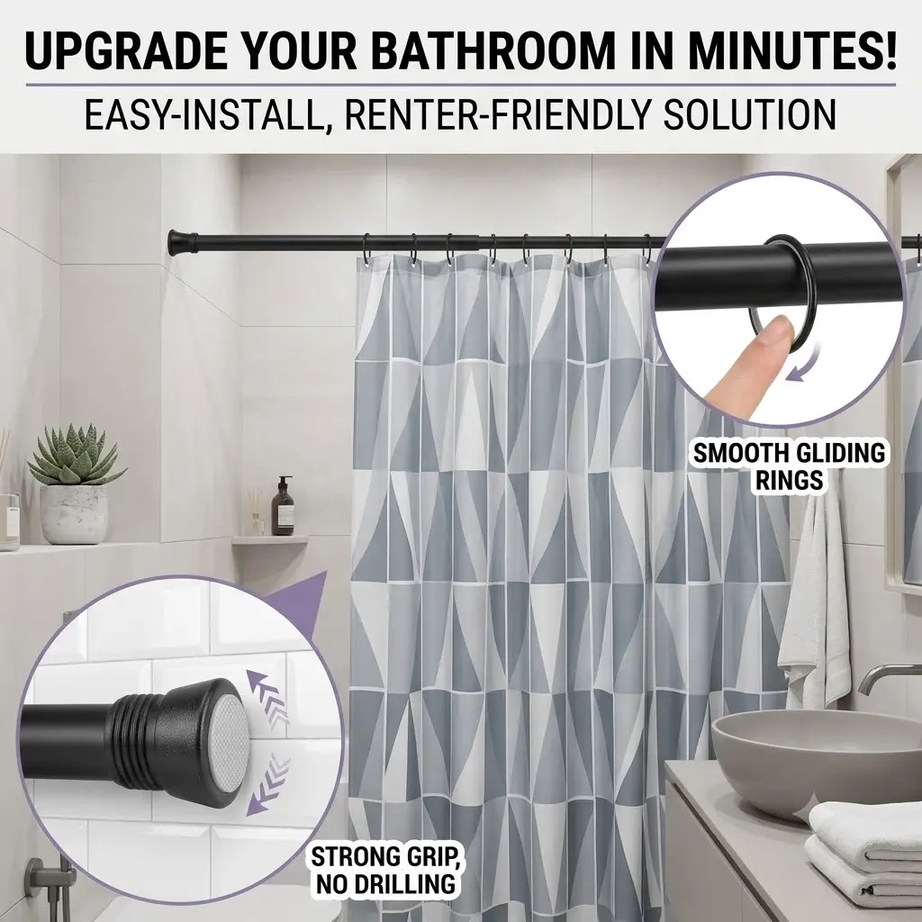 Heavy Duty No-Drill Spring Tension Shower Curtain Rod, 42-72 in, 20 LBS Max Load, Matte Black with Reinforced Rubber Pad for Bathroom, Closet
