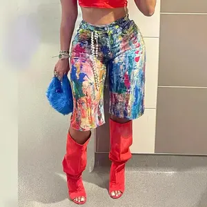 Women Colorful Tie Dye Bermuda Denim Shorts Baggy High Waist Straight Leg Multicolor Graffiti Jean Shorts