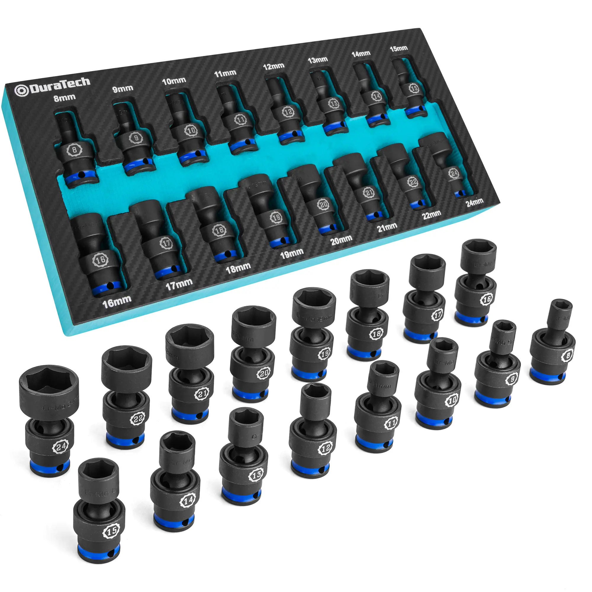 #fathersdaygift DURATECH 3/8" Drive Impact Universal Joint Socket Set, Swivel Socket Set, Metric, Cr-Mo Steel, Organized in EVA Foam Organizer