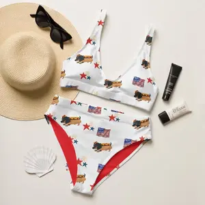 Women 2 Piece Funny Dachshund Hot Dog Bikini White American Flag Star Print High Waist Comfy Swimwear 4th of July Memorial Day Beach Tanning USA