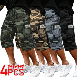Men's 4-Pack Casual Cargo Shorts - Drawstring Waist, Flip-Over Cover, Large Pockets, Letter Patches, Stylish Camouflage, Menswear Clothes for Mens Clothing