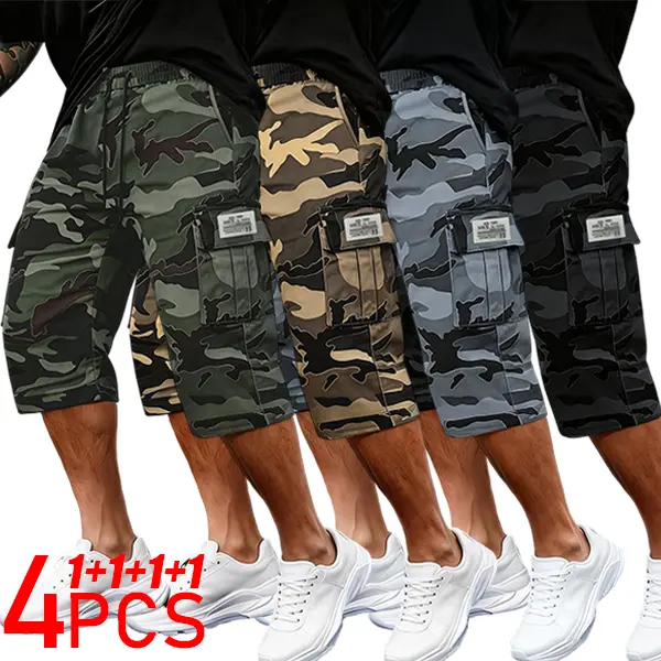 Men's 4-Pack Camo Casual Cargo Shorts Set - Adjust-Fit Drawstring Waist, Flip-Over Cover, Large Pockets, Color-Patched, Men's Wear Shorts, Camo Shorts