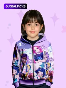 Girls Lightweight Hooded Zipper Sweatshirt, Casual Fall & Winter Wear, Fitted Random Print Design, Durable Daily Outdoor Activities, Graphic Hoodies, Aesthetic Hoodie
