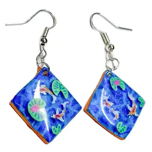 Tristan Makes Handmade Polymer Clay Earring Set Koi Fish Pond 3D Style Hand Painted Jewelry 1 Pair Blue Green Orange Design