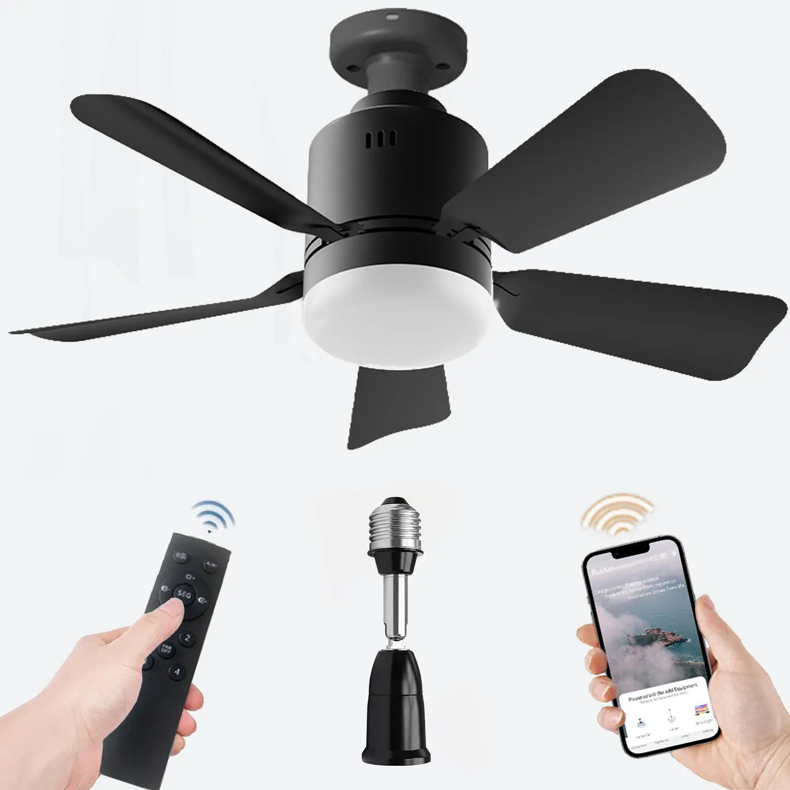 Socket Fan Light with Remote, E27 Base, Portable Small Hanging Fan Light, 5 Blades, 4 Wind Speeds Ceiling Fan Lamp for Bedroom, Living Room, Kitchen, and Laundry Room