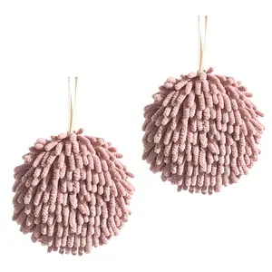 REGALWOVEN Soft Absorbent Fluffy Chenille Ball Hand Towels, Set of 2 Fuzzy Decorative Towel with Wall Hook for Bathroom 6" x 6" Dark Pink