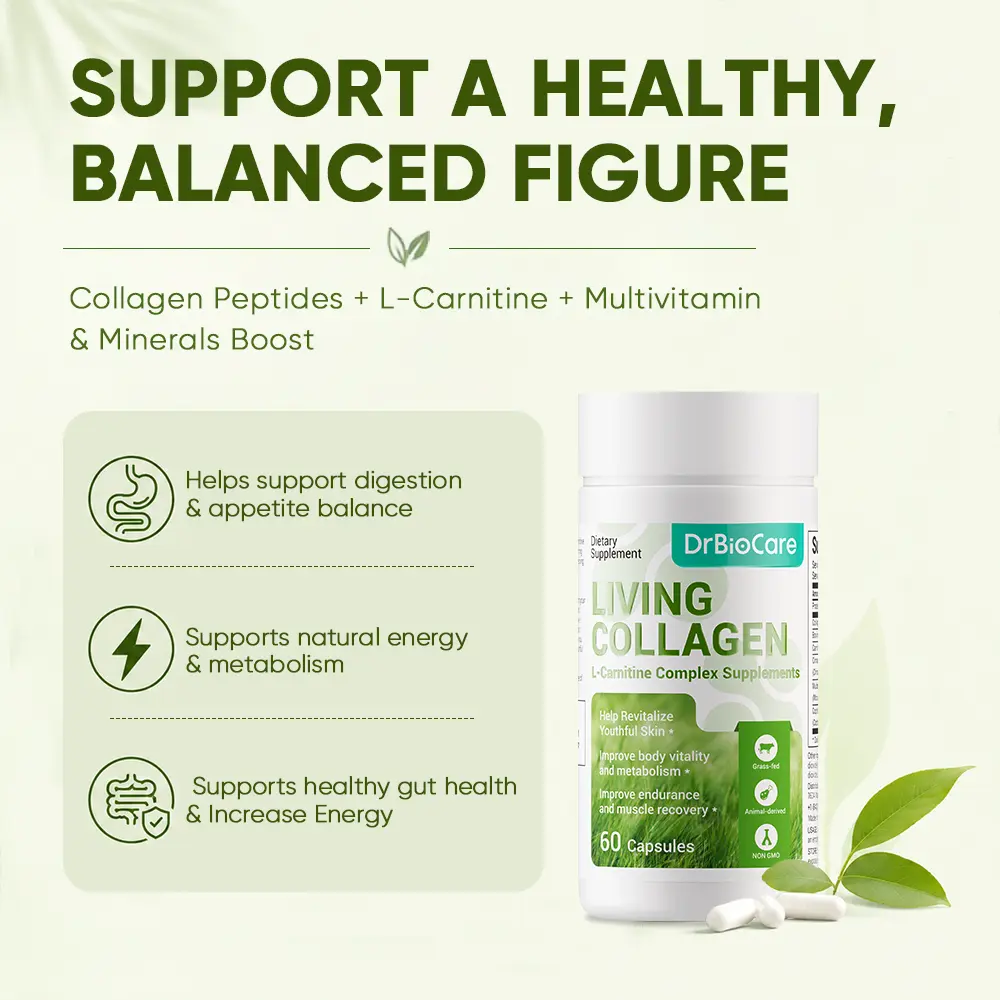 DrBioCare Living Collagen with L-Carnitine, Collagen Peptides & Bovine Colostrum – Natural & Gentle – Supports Women’s Balance, Curves & Daily Wellness – 60 Capsules