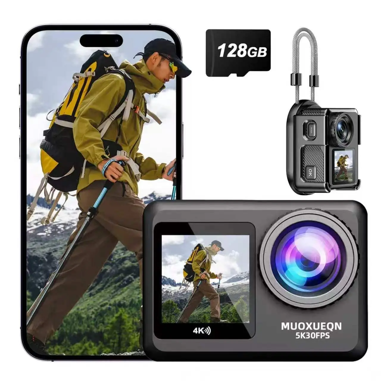 MUOXUEQN 5K Ultra HD Action Camera, 50MP WiFi Waterproof Camera with 6-Axis EIS Stabilization, Dual Touch Screens, 130° Wide Angle, 128G for Cycling, Diving
