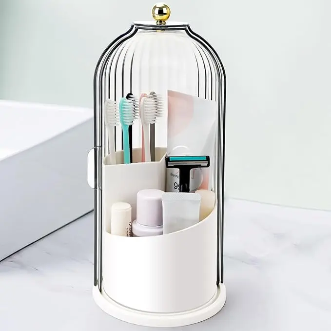 Dust-Proof Rotating Waterproof Bathroom Organizer Makeup Organizer-Concealed Toothbrush Holder with Cover,Multi-Compartment Countertop Caddy for clear dustproof Toothpaste&Makeup Brushes,White makeup organizer toothbrush  holder